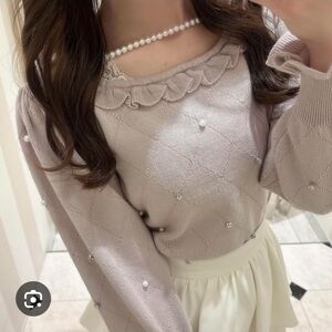 Evelyn Pearl and Stud Frilly Long sleeve Sweater with built in necklace